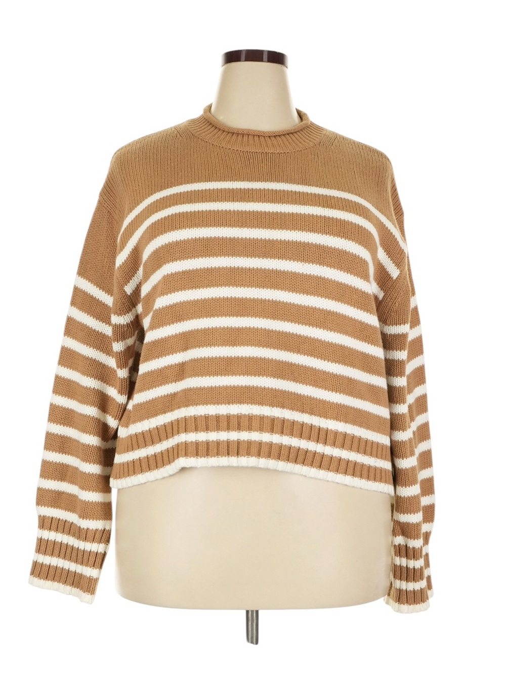 J. Crew Rollneck Sweater Stripe XXL Tan White Relaxed Fit Cotton Preppy Summer